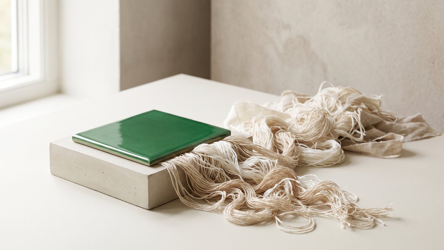 A single neat green tile on a pale plinth with a large tangle of cream threads spilling out beneath