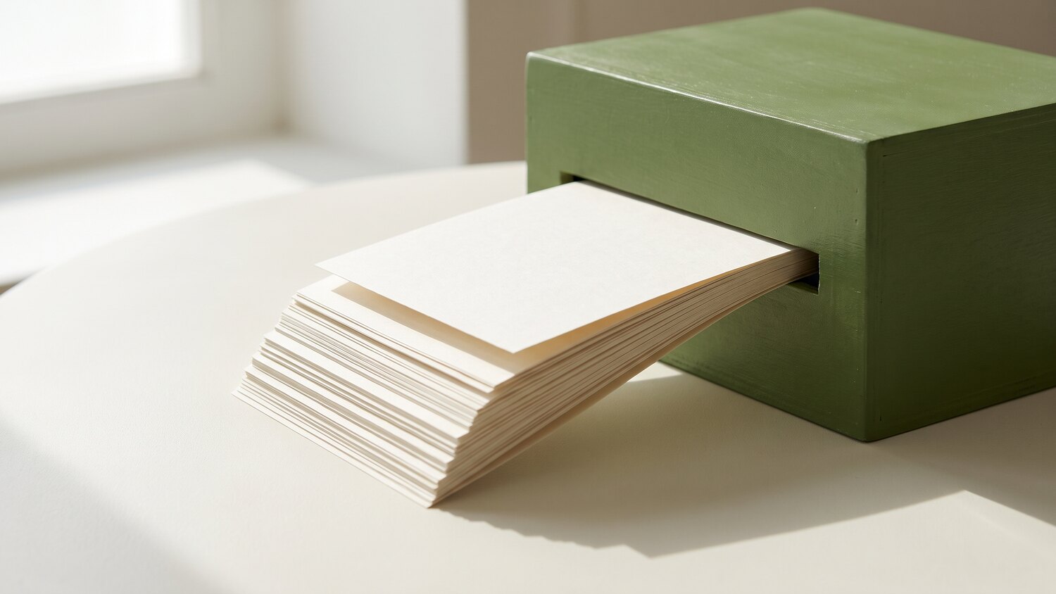 A thick stack of blank cream forms being fed into the narrow slot of a small green box