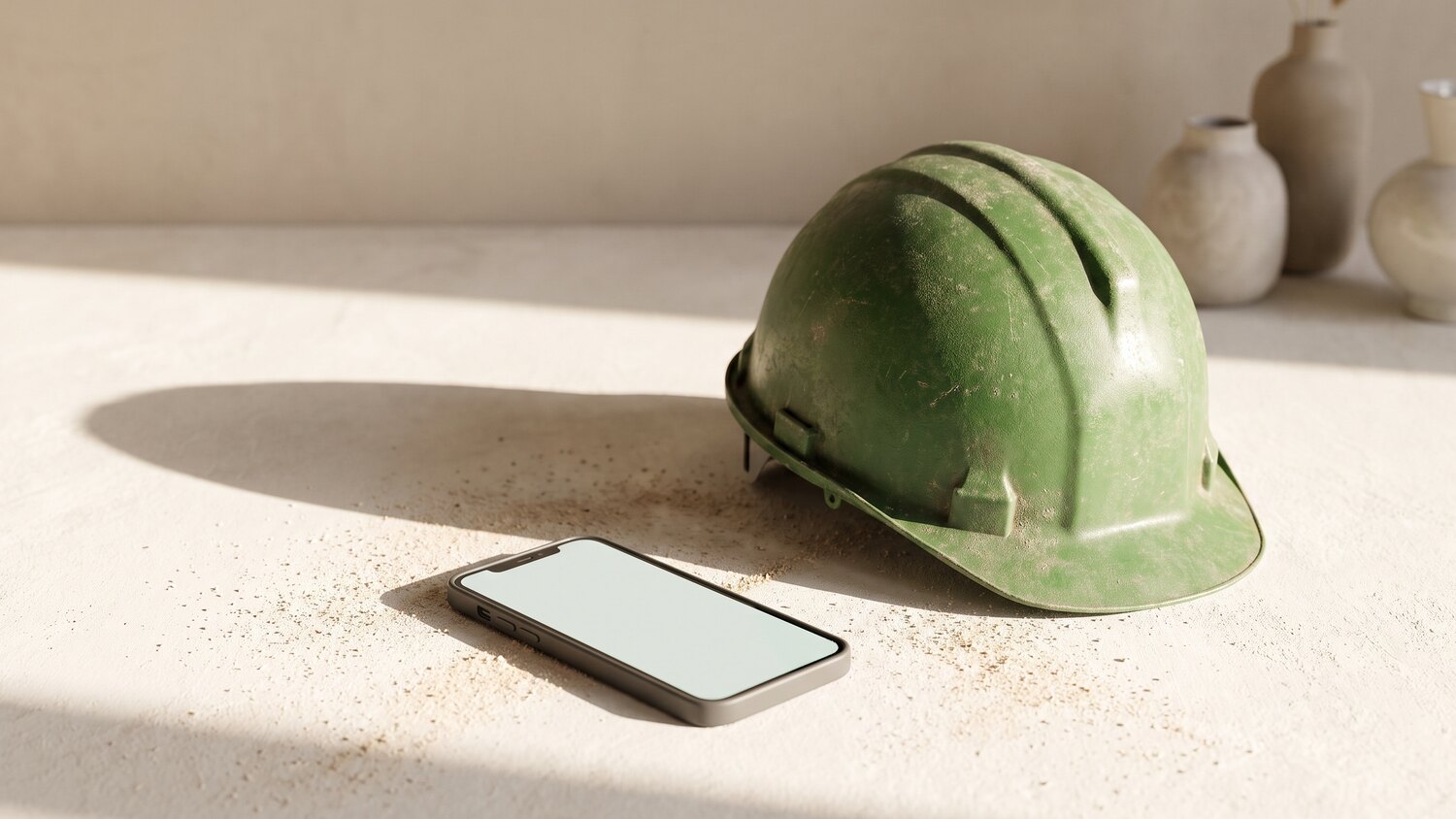 A weathered green hard hat resting on a dusty pale surface beside a phone with a blank screen