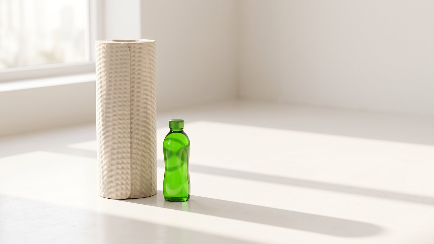 A rolled pale exercise mat standing upright on a bright floor beside a single green water bottle